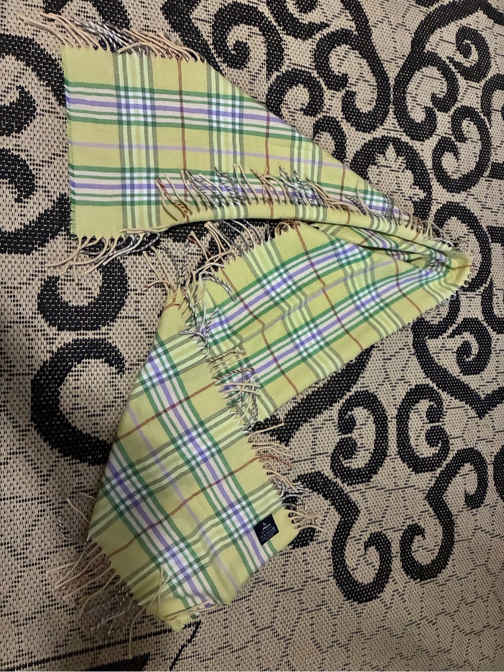 Lightweight Plaid Fringed Scarf in Yellow-Green by V. Fraas